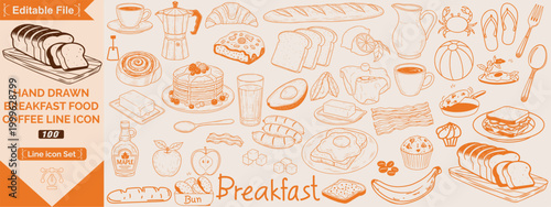 Hand drawn breakfast doodles set. Vector illustration of food and coffee icons in chalk, crayon drawing style for invitations, menus, parties. Minimalist line art. La dolce vita Italian style