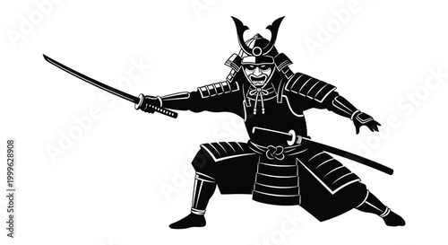 Samurai warrior in traditional armor wielding katana sword dynamic pose black silhouette high quality professional detailed modern elegant stylish clean crisp