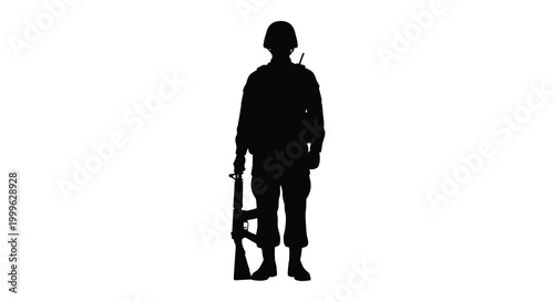 Soldier standing with rifle in full gear black silhouette high quality professional detailed modern elegant stylish clean crisp vibrant colorful digital