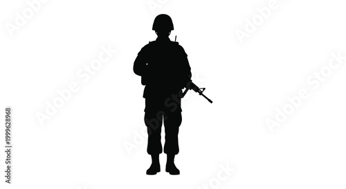 Soldier with rifle standing at attention full body shot black silhouette high quality professional detailed modern elegant stylish clean crisp vibrant