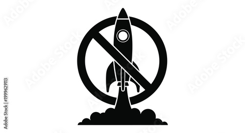 No rockets allowed sign prohibition symbol with a space rocket black silhouette high quality professional detailed modern elegant stylish clean crisp