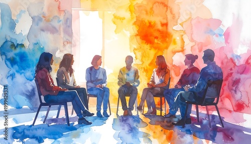 Watercolor illustration of diverse people in a circle, warm and cool colors around them