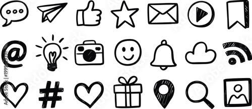 Hand- Drawn Social Media and Internet Icons in Black and White social media icons internet symbols