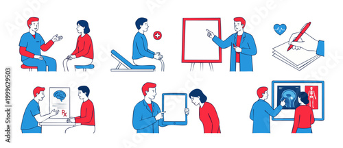 Medical Consultation Set Vector Illustrations with Doctor and Patient Communication, Healthcare Examination, Diagnosis, Professional Advice and Clinical Treatment Concepts in Flat Minimalist Style Des