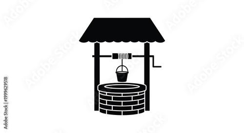 Black silhouette of a traditional wishing well with brickwork and bucket isolated on a white background silhouette high quality professional detailed