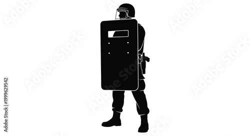 Police officer with riot shield standing guard in a black silhouette high quality professional detailed modern elegant stylish clean crisp vibrant