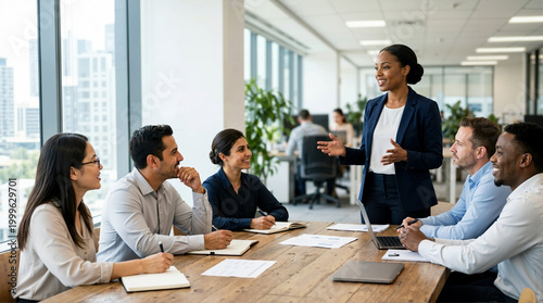 Smiling businesswoman leading a team meeting in a modern office. Diverse group of corporate professionals collaborating at a conference table. Leadership and teamwork concept