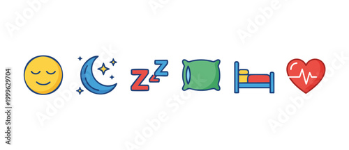 Sleep icons set with crescent moon, sleeping face, pillow, bed, and heart health line. Vector illustration of rest and bedtime symbols for web design, apps, and healthy lifestyle branding concepts.