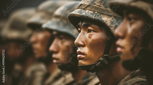 formation conscripts southkorean soldiers military training camouflage helmets disciplined determined summer daylight realistic sideview portrait