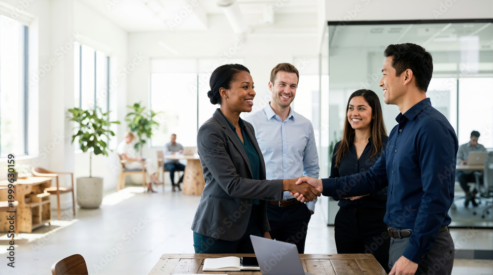 Obraz premium Multiracial business team shaking hands in a modern office. Diverse professionals reaching an agreement during a corporate meeting. Partnership and collaboration concept