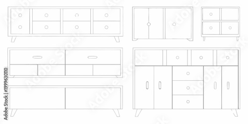 Mid century modern furniture outlines ten piece set line drawing