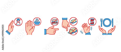 Healthy Diet Icons Set, Food Restriction Symbols With Hands Denying Unhealthy Ingredients Like Salt Sugar Burger Soda And Butter, Nutritional Advice Vector Illustration For Medical And Fitness Concept