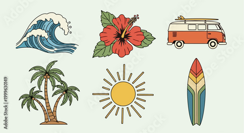 Vintage summer vacation travel icons set.