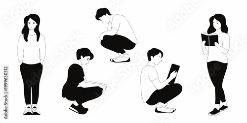 five people silhouettes in various seated poses monochrome