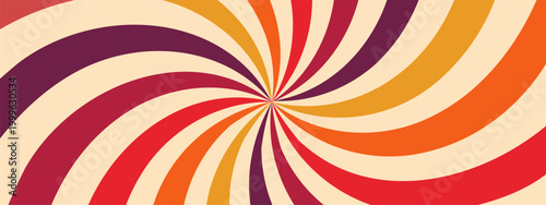 Retro hypnosis spiral. Groovy Starburst background with stripes and swirl. 70s vintage art. Vector illustration.