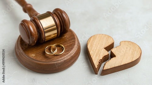 A judge's gavel is placed near a broken wooden heart split into two pieces with two gold wedding rings, symbolizing divorce and separation, a legal concept.