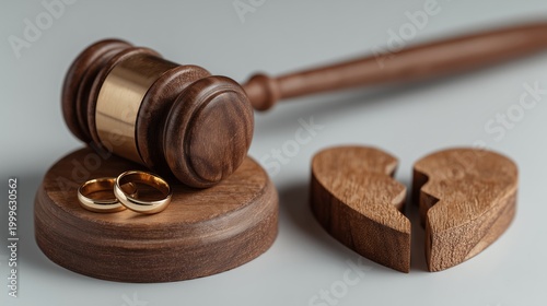 A judge's gavel is placed near a broken wooden heart split into two pieces with two gold wedding rings, symbolizing divorce and separation, a legal concept.