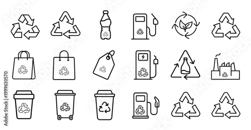 Recycle line icons set plastic bottle garbage trash bin eco energy fuel pump shopping bag industry green ecology & more vector illustration with editable stroke.