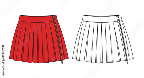 Pleated skirt design red and white technical fashion illustration