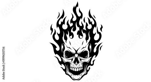 Flaming skull illustration with burning fire, a bold vector graphic design element for dark themes, biker, or edgy concepts.