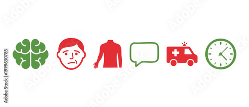Stroke Symptoms Icons Set Red and Green for Medical Emergency Awareness Infographic showing Brain, Face, Arm, Speech, Ambulance and Time signs for rapid health diagnosis and urgent stroke treatment gu