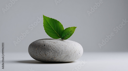 Smooth stone with fresh green leaves on top
