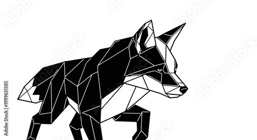 Geometric black and white fox illustration. Polygonal low poly art of a walking canine in modern minimalist style.