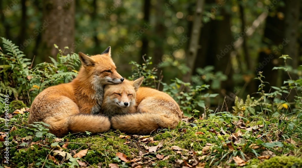 Obraz premium Two red foxes curled up and resting together in a forest. Romantic wild animal couple sleeping on mossy ground. Wildlife affection in natural woodland habitat