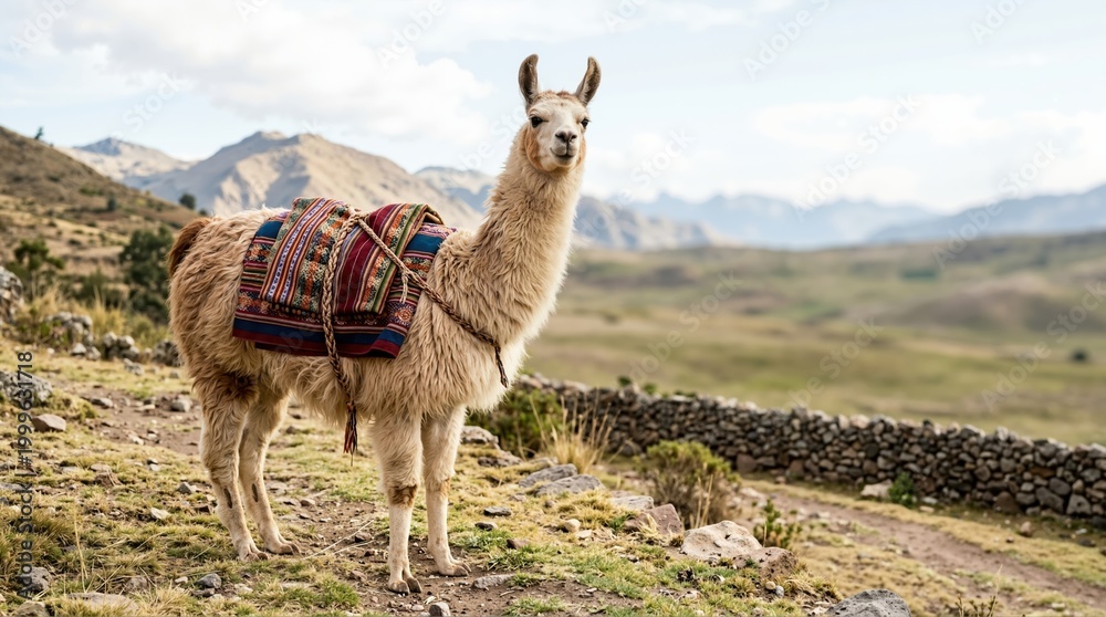 Naklejka premium Light brown llama wearing a colorful woven blanket standing on a grassy hill. South American mountain landscape with stone wall and cloudy sky