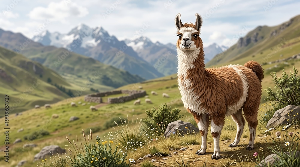 Obraz premium Brown and white llama standing in a green mountain valley with snow-capped peaks. South American Andean landscape illustration