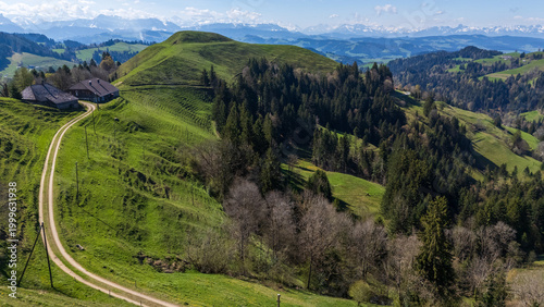 Bilde på lerret Scenic spring landscape of Emmental, Switzerland, with winding dirt road, green pastures, forests, and distant Alpine mountains under clear sky