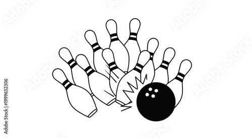 Bowling pins and ball black and white line drawing