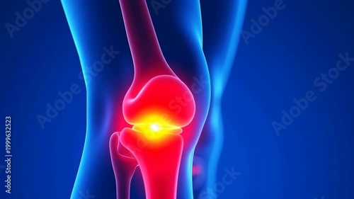 3D knee joint highlighting pain. Skeletal femur model with red flare. Futuristic CGI rendering on blue background. Orthopedics, musculoskeletal system. Concept of inflammation and discomfort.