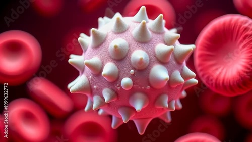 Virus particle interacts with blood cells. Pathogen among red corpuscles. High-resolution microscopic view. Immunology, viral infection dynamics. Concept of defense and pathogenesis.