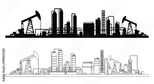 Oil industry silhouette with refinery and pumpjacks on white background