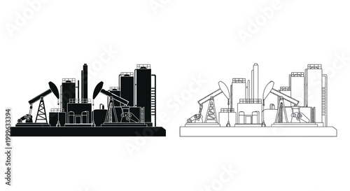 Oil refinery and pumps line drawing on white background