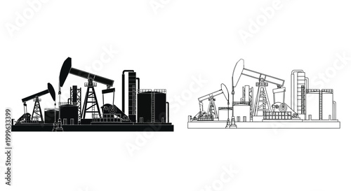 Oil rig and refinery skyline black and white line drawing