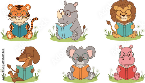 Photography Cute wild animals reading books collection with cartoon educational characters v