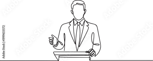 A single continuous line drawing of a formal businessman standing at a podium giving a speech. Vector, illustration. one line Icon drawing