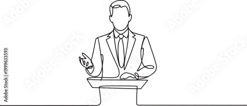 A single continuous line drawing of a formal businessman standing at a podium giving a speech. Vector, illustration. one line Icon drawing