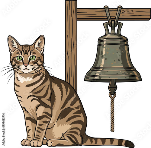 Cyprus Cat sitting with monastery bell vector illustration