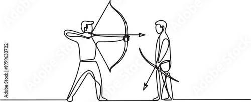 man aiming an arrow at another who is holding his bow - one line drawing vector. concept or metaphor for trust, love, danger, relationship. one line Icon drawing
