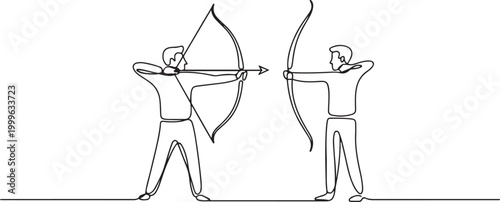 man aiming an arrow at another who is holding his bow - one line drawing vector. concept or metaphor for trust, love, danger, relationship. one line Icon drawing