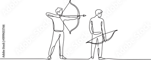 man aiming an arrow at another who is holding his bow - one line drawing vector. concept or metaphor for trust, love, danger, relationship. one line Icon drawing