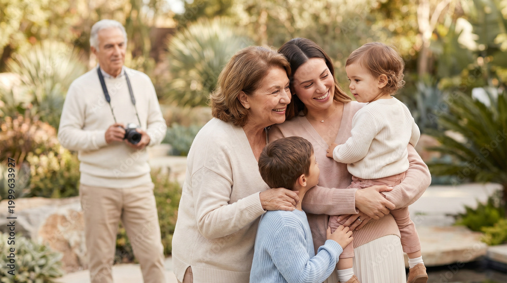 Fototapeta premium Intergenerational family smiling together outdoors in a garden 