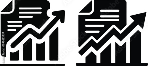 Black and white vector illustration of two financial growth charts with arrows and documents bar chart increase analysis business document