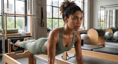 Belle femme sportive dans une salle de Pilates, silhouette mince et féminine, allure séduisante, cheveux colorés, légèrement en sueur, vêtue d’une tenue de sport, allongée, vitalité