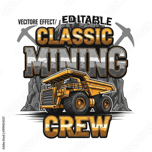 Classic Mining Crew: Dump Truck, Pickaxes, Rock Face - Vector Graphic