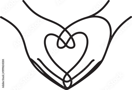 The hands of a man and a woman, connected in the form of a heart. one line Icon drawing