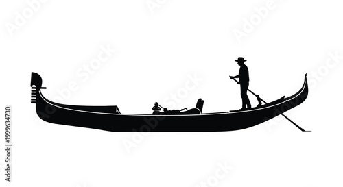 Gondola silhouette with gondolier and passengers on water